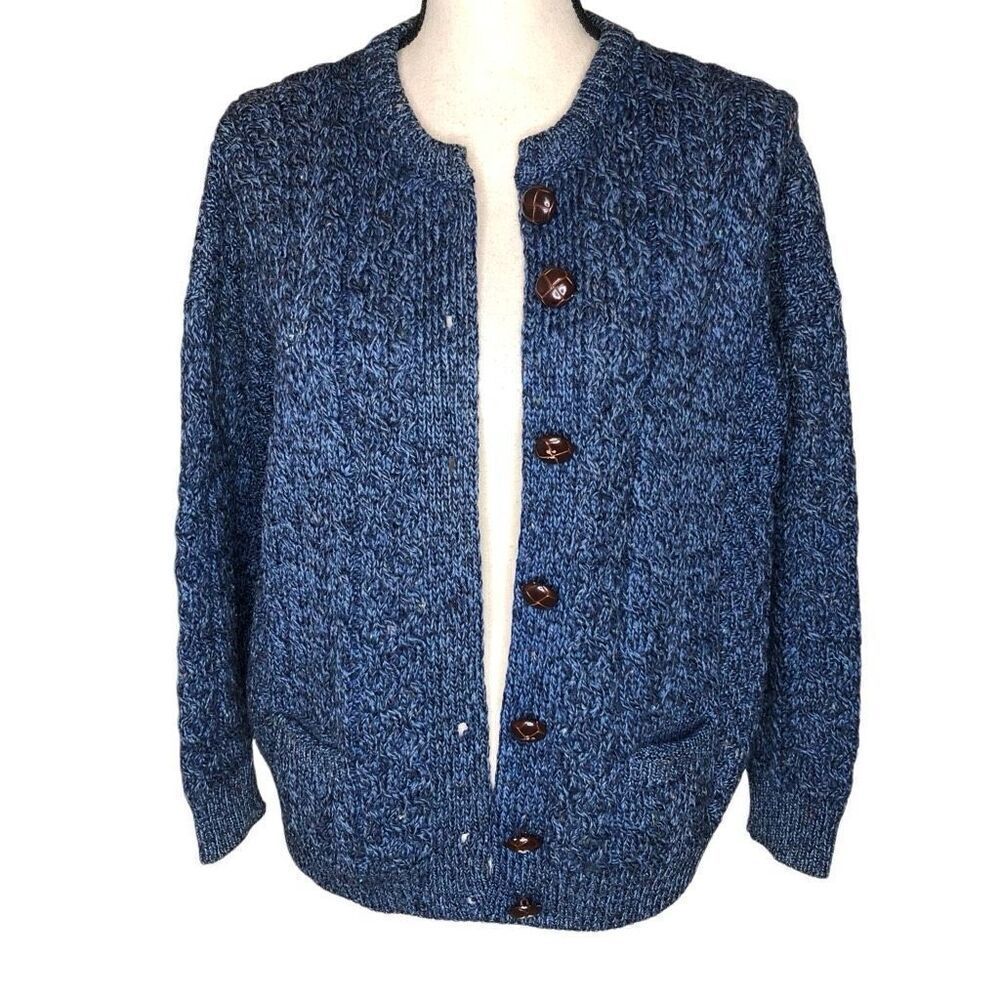 Vtg Carraig Donn Aran Marled Blue Mixed Knit Cardigan Sweater Sz M Cable/Ireland